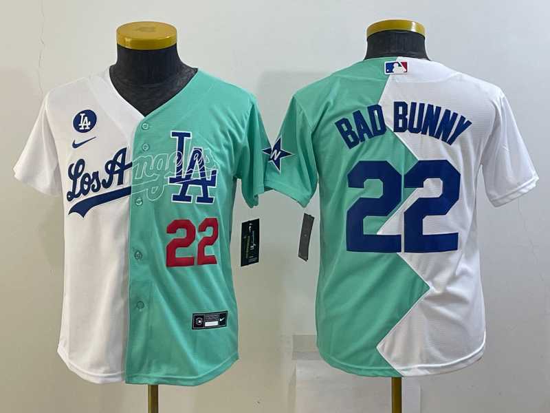 Youth Los Angeles Dodgers #22 Bad Bunny White Green Two Tone 2022 Celebrity Softball Game Cool Base Jerseys->mlb youth jerseys->MLB Jersey